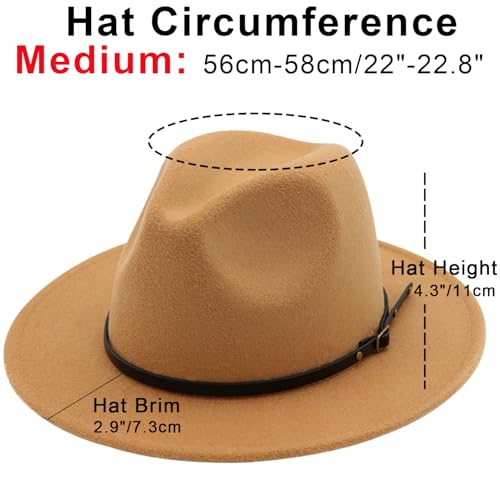 DRESHOW Women Classic Felt Fedora Wide Brim Floppy with Belt Buckle Panama Hat - color: 1 Pack Fedora Hat: Khaki