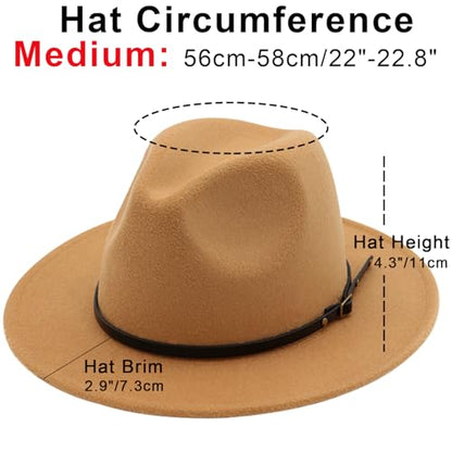 DRESHOW Women Classic Felt Fedora Wide Brim Floppy with Belt Buckle Panama Hat - color: 1 Pack Fedora Hat: Khaki