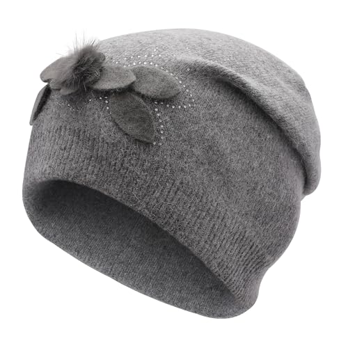 ZLYC Women Floral Slouchy Beanie Hat Double Layer Winter Knit Skull Cap - color: Small Pom Flowers Gray