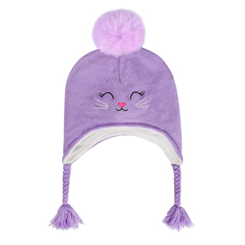 Toddler Girls Cat Ear Winter Hat Warm Knit Beanie Kids Earflap Cap for Cold Weather - color: Z - Pompom Style Purple
