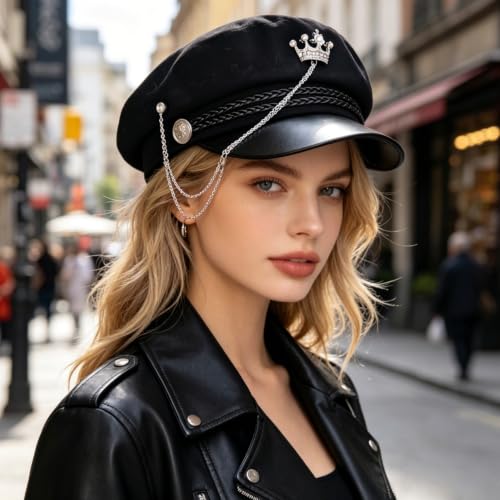 Women’s Black Newsboy Cap Gothic Beret with Chain Heart Buckle/Crown Accents Flat Top Visor Baker Boy Sailor Hat - color: Black With Crown Chain