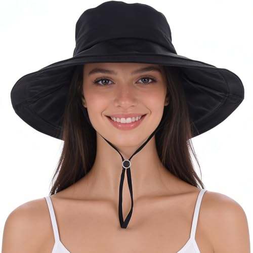 Women's UPF 50+ Waterproof Wide Brim Sun Bucket Hat with Ponytail Hole - color: Black