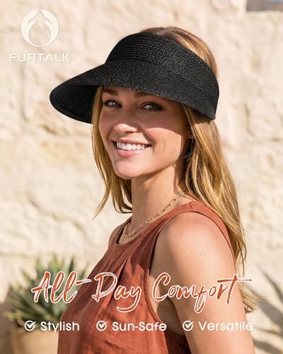 FURTALK Sun Visors for Women Straw Summer Hat Packable Wide Brim Beach Cap - color: Black