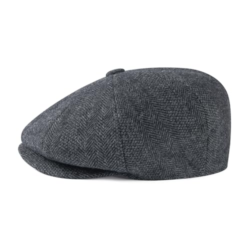 Men Wool Blend 8 Panel Newsboy Cap - color: Tweed Herringbone Grey, size: 7 7/8