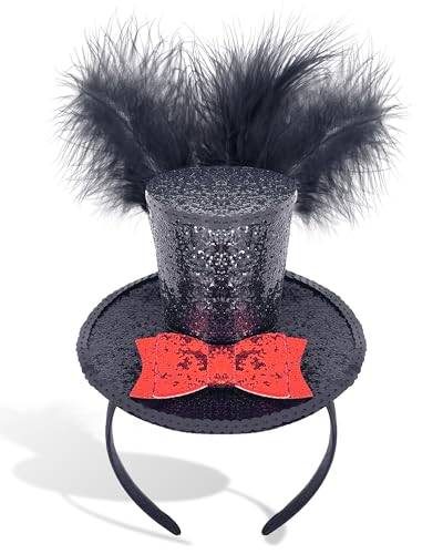 Black Mini Top Hat Headband Fascinator Feather Crazy Hat for Halloween Carnival Christmas Holiday Costume
