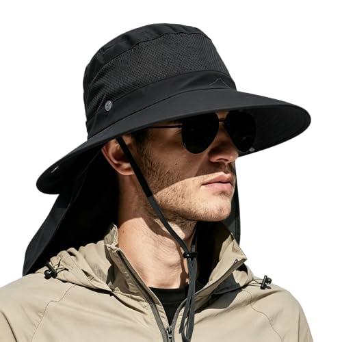 Outdoor Sun Hats with Stowable Neck Flap for Men Women UPF 50+ Mesh Summer Bucket Hat Wide Brim for Fishing Safari Hiking - color: Black