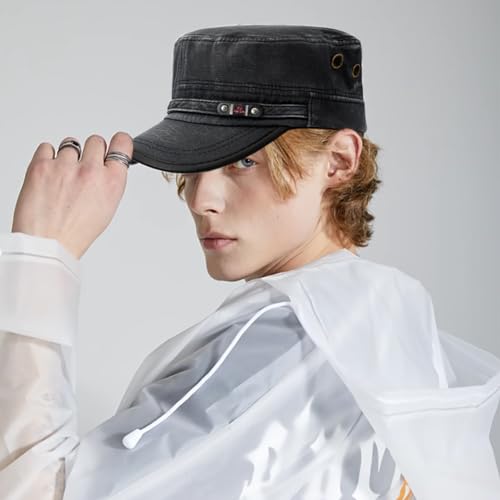 Unisex Cadet Army Cap Adjustable Flat Top Cap Washed Cotton Military Hat Baseball Cap - color: Black 1