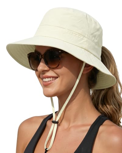 Womens Sun Hat Ponytail Packable UPF 50+ Waterproof Bucket Hat with Ponytail Hole for Beach Hiking Travel - color: Begie