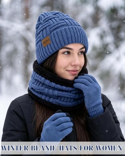 Loritta 3-Pieces Winter Hats for Women Warm Scarf Touchscreen Gloves - color: Blue