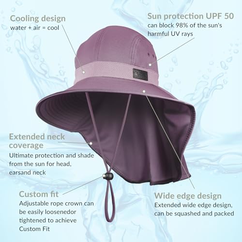 Sukeen Cooling Sun Hat for Men Women UPF50+ Wide Brim Fishing Hat with Neck Flap Adjustable Foldable Bucket Hat for Hiking - color: Purple