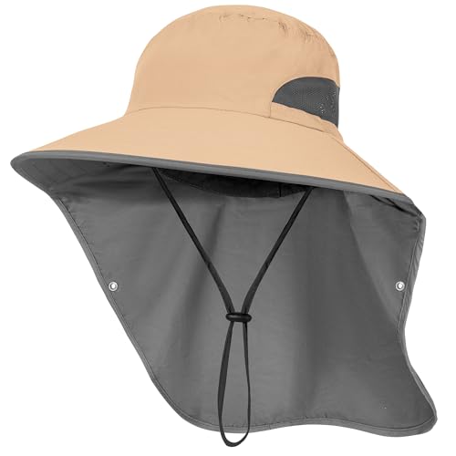 Outdoor Sun Hat Detachable Neck Face Flap UPF 50+UV Protection Visor Fishing Hats with Neck Flap for Men & Women - color: Khaki