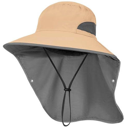 Outdoor Sun Hat Detachable Neck Face Flap UPF 50+UV Protection Visor Fishing Hats with Neck Flap for Men & Women - color: Khaki