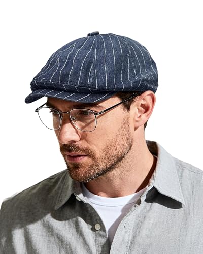 Clakllie Octagonal Newsboy Hat with Chic Stripe Design Herringbone Ivy Cabbie Hat Denim Cotton Gatsby Driving Cap for Daily - color: Blue-bl63
