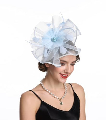 SAFERIN Fascinator for Women Hair Clip Hat Bowler Feather Flower Veil Wedding Party Hat Tea Hat - color: Ta1-light Blue