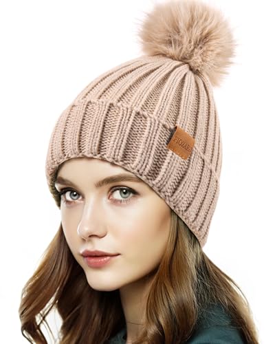Womens Winter Beanie Hat Fleece Lined Warm Skull Cap with Faux Fur Pom Cuff Knitted Hat for Women - color: Oat
