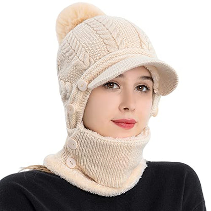 HUAMULAN Women Cable Knit Balaclavas Winter Fleece Lined Beanie Hat - color: Beige With Pompom