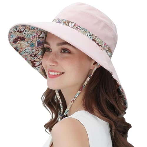 Women Bohemian Reversible Sun Hat Wide Brim Fishing Hats - color: Lac001-pink