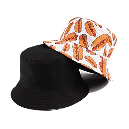 Unisex Print Bucket Hat Sun Hat for Women Men,Reversible Cotton Summer Beach Hat Fisherman Hat - color: Hot Dog