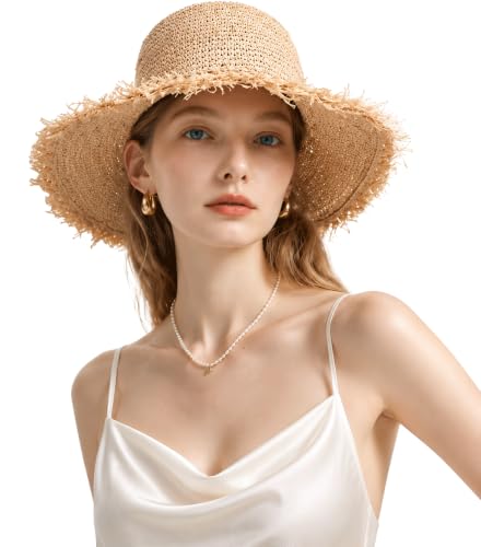 Natural Raffia Straw Bucket Hat for Women Sun Beach Handmade Raffia Woven Bucket Hat Foldable Summer Cap - color: Natural Raffia