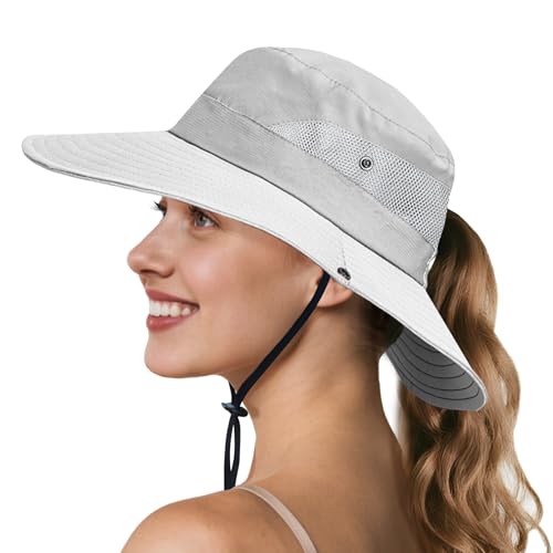 NPQQUAN Ponytail Sun Hats for Women UPF 50+ Wide Visor UV Protection Hat - color: Lightgrey (Ponytail Hole)