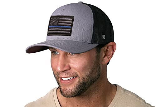 HAKA American Flag Hat | USA Mesh Trucker Snapback Comfort Baseball Cap - color: Gray & Black, style: Thin Blue Line (Grey Stripes)