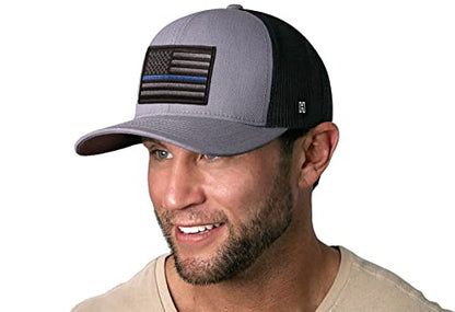 HAKA American Flag Hat | USA Mesh Trucker Snapback Comfort Baseball Cap - color: Gray & Black, style: Thin Blue Line (Grey Stripes)