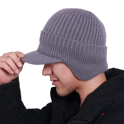 JHDESSLY Knit Beanies with Visor & Earflaps for Men and Women, Winter Hats Fleece Lined Hat Stocking Caps Soft Warm Headwear - color: Grey