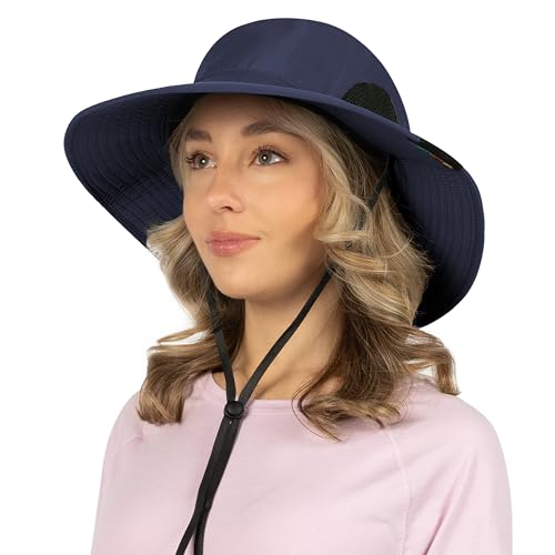 SUN CUBE Wide Brim Sun Hat for Men & Women, UPF 50+ UV Protection, Mesh Boonie Hat with Chin Strap, Fishing Hiking Hat - color: Navy