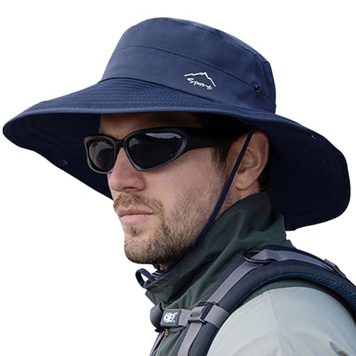 Cooling Sun Hat for Men Women,Wide Brim Bucket Hat Foldable Boonie Hat for Fishing Hiking Garden Safari Beach - color: Navy Blue