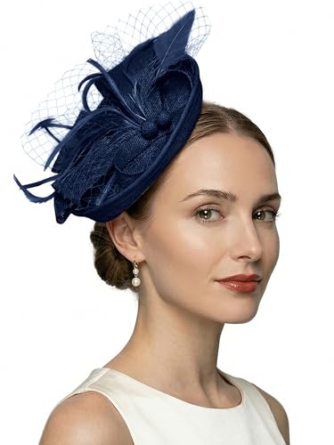 Women Fascinators Hats Tea Party Headband Hair Clip Feathers Hat for Wedding Cocktail Party - color: Navy
