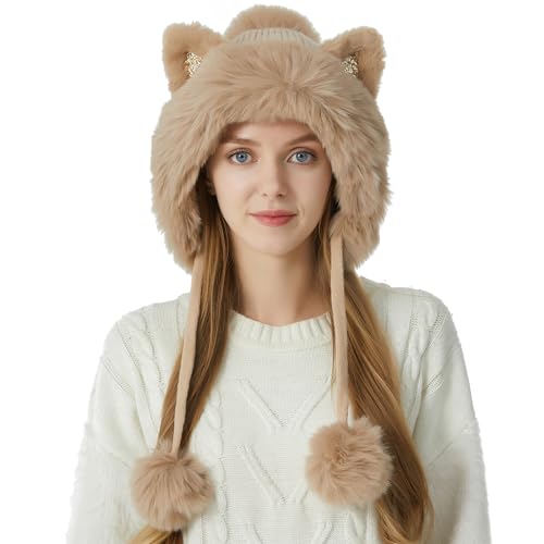 HUAMULAN Women Winter Sherpa Knit Beanie Hat Fleece Lined Ear Flaps - color: Khaki Solid