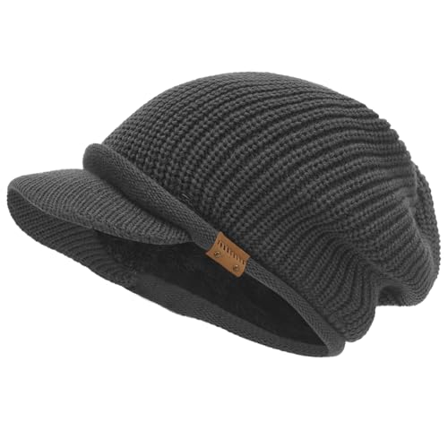 Winter Beanie with Visor - Stylish Knit Hat with Bill - Thick Brimmed Beanies with Fleece Lining Men and Women - color: B326-grey
