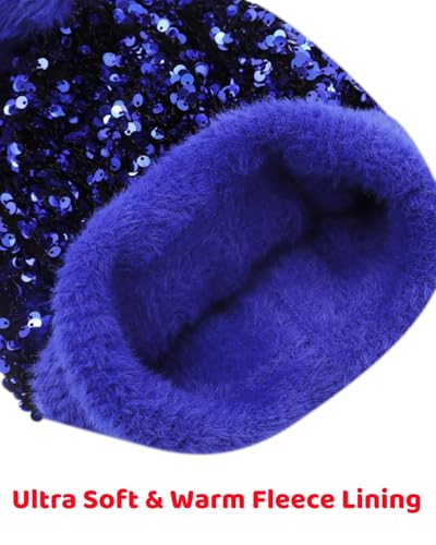 Women Sparkly Sequins Knitted Beanie Hat Warm Winter Skull Cap with Faux Fur Pom Pom - color: Blue