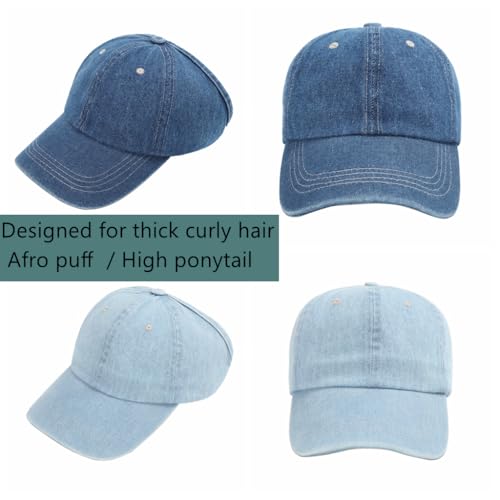 2 Pack Backless Cap for Women Natural Curly Hair Hat Baseball Cap Afro Puff Ponytail Hat - color: Light Blue+blue