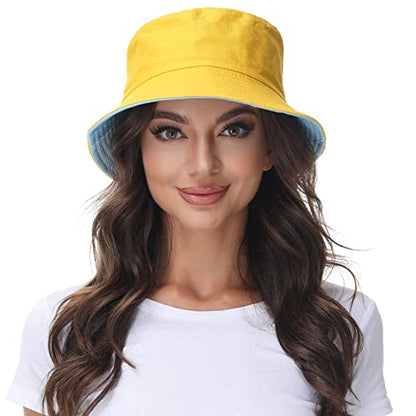 Women Reversible Bucket Hat, Summer Sun Hat for Women - color: Skyblue- Yellow