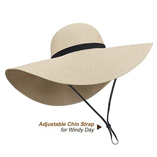 Women Wide Brim Sun Hat UPF50 Straw Summer Hat Floppy Beach Hat Roll-Up - color: Tie Beige