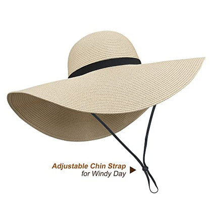 Women Wide Brim Sun Hat UPF50 Straw Summer Hat Floppy Beach Hat Roll-Up - color: Tie Beige