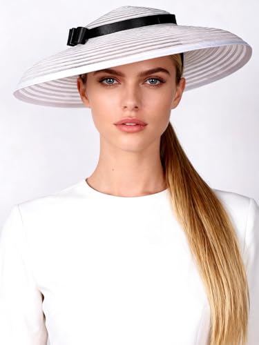 Vintage Fascinators Pillbox Hat for Women Straw Fedora Wide Brim Ladies Church Sinamay Derby Hats - color: White