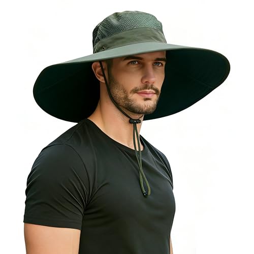 Men's Wide Brim Sun Hat-UPF 50+ Protection,Waterproof Bucket Hat for Fishing, Hiking, Camping,Breathable Nylon & Mesh - color: Army Green, size: X-Large