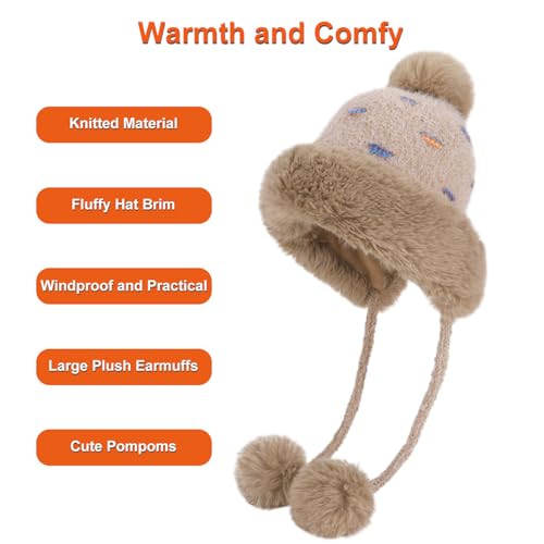 Women Winter Sherpa Beanie Hats Knit Ear Flap Hat Fleece Lined - color: Khaki With 3 Pompoms