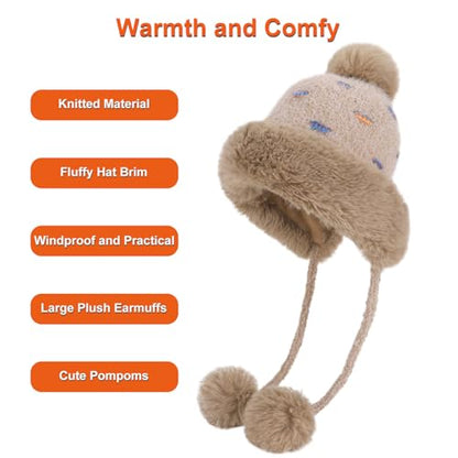 Women Winter Sherpa Beanie Hats Knit Ear Flap Hat Fleece Lined - color: Khaki With 3 Pompoms