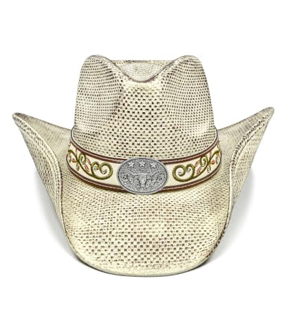 FLUFFY SENSE. Cowboy Hats for Women and Men - Distressed Straw Western Hat with Shapeable Brim for Cowboys and Cowgirls - color: Distressed Cream White