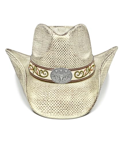 FLUFFY SENSE. Cowboy Hats for Women and Men - Distressed Straw Western Hat with Shapeable Brim for Cowboys and Cowgirls - color: Distressed Cream White