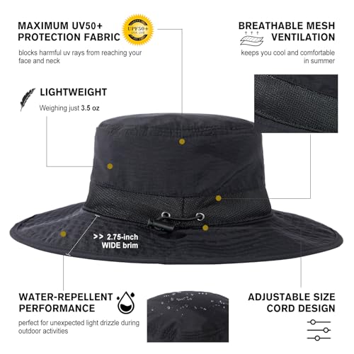 TOP-EX Oversized Waterproof Mesh Sun Hat for Big Heads with Wide Brim - color: Black-2.7"brim, size: X-Large-XX-Large