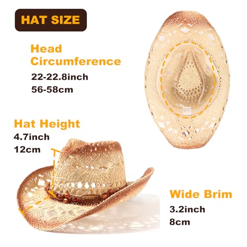 AQOKKA Straw Cowboy Hats for Women Men Western Cowgirl Hats with Shapeable Brim Woven Hollow Out Unisex Beach Roll Up Caps - color: Brown Beads Cowboy Hats : Khaki+beige Spray-painted