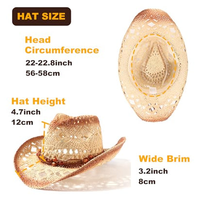 AQOKKA Straw Cowboy Hats for Women Men Western Cowgirl Hats with Shapeable Brim Woven Hollow Out Unisex Beach Roll Up Caps - color: Brown Beads Cowboy Hats : Khaki+beige Spray-painted