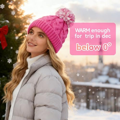 Slouchy Chunky Knit Beanie with Pom Pom - Cozy Winter Bobble Hat for Women and Men - color: Hot Pink