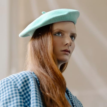 Gllutt Women Wool Beret Hat French Style Solid Color - color: Baby Blue