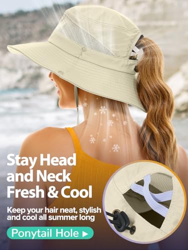 EW East Water Sun Beach Hat for Women, UPF50+ Waterproof with Ponytail Hole - color: Beige