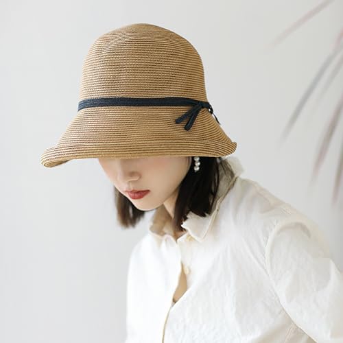 CORIRESHA Women's Vintage 1920s Audrey Hepburn Hat Bow Straw Cloche Beach Sun Cap - color: Khaki